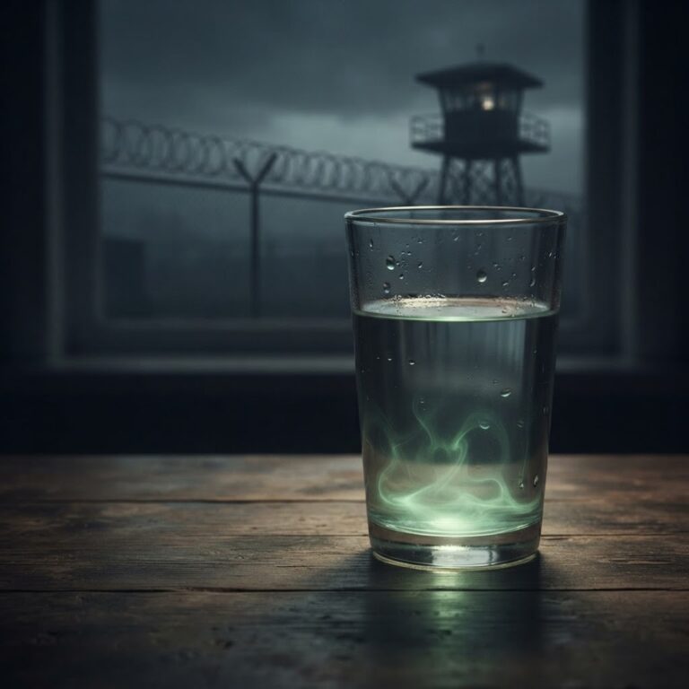 Verre d'eau du robinet avec contamination chimique verte et base militaire en arrière-plan
