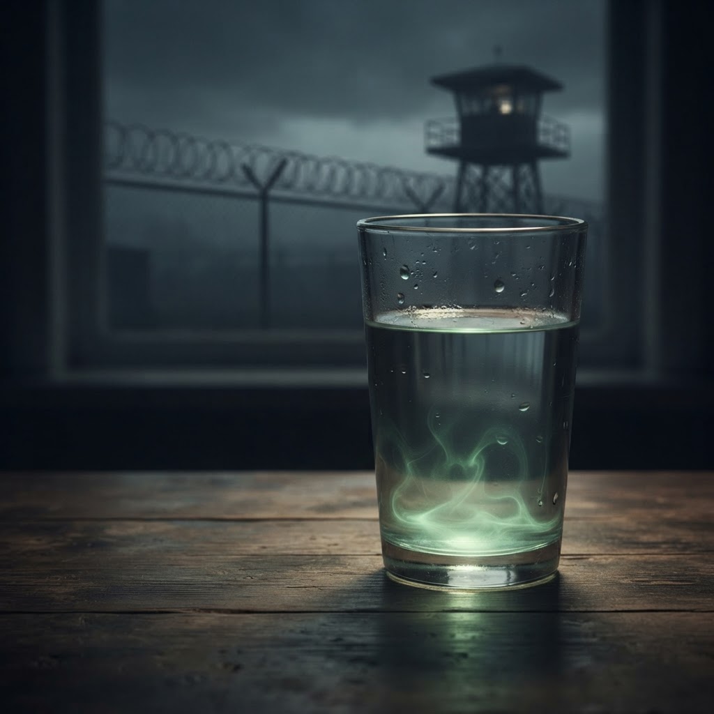 Verre d'eau du robinet avec contamination chimique verte et base militaire en arrière-plan
