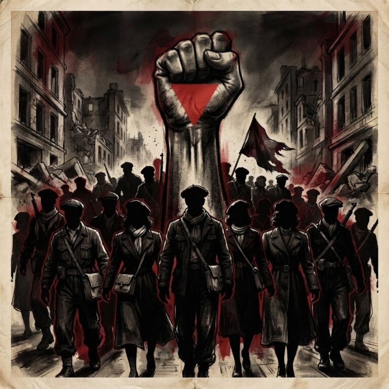 Poing levé orné du triangle rouge, badge des prisonniers politiques déportés par les nazis, style affiche de lutte, noir et rouge