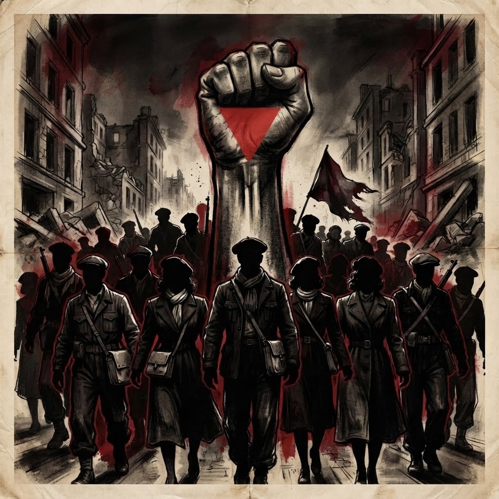 Poing levé orné du triangle rouge, badge des prisonniers politiques déportés par les nazis